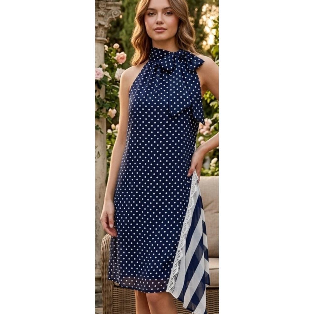 Ryu Navy Polka Dot Halter Dress with Neck Bow